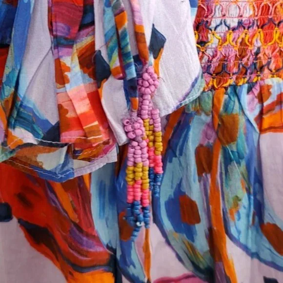 FARM Rio Maxi Dress L Coloured Bananas Puff Sleeves Smocked Tropical - Picture 9 of 15